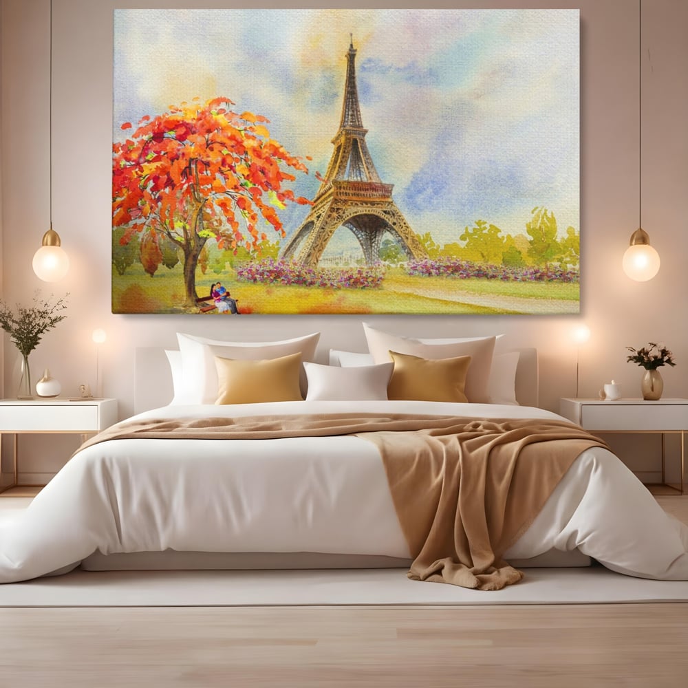 Tablou canvas cu pictura cu turnul eiffel si indragostiti, fara rama, pe sasiu de lemn, pe perete intr-un dormitor